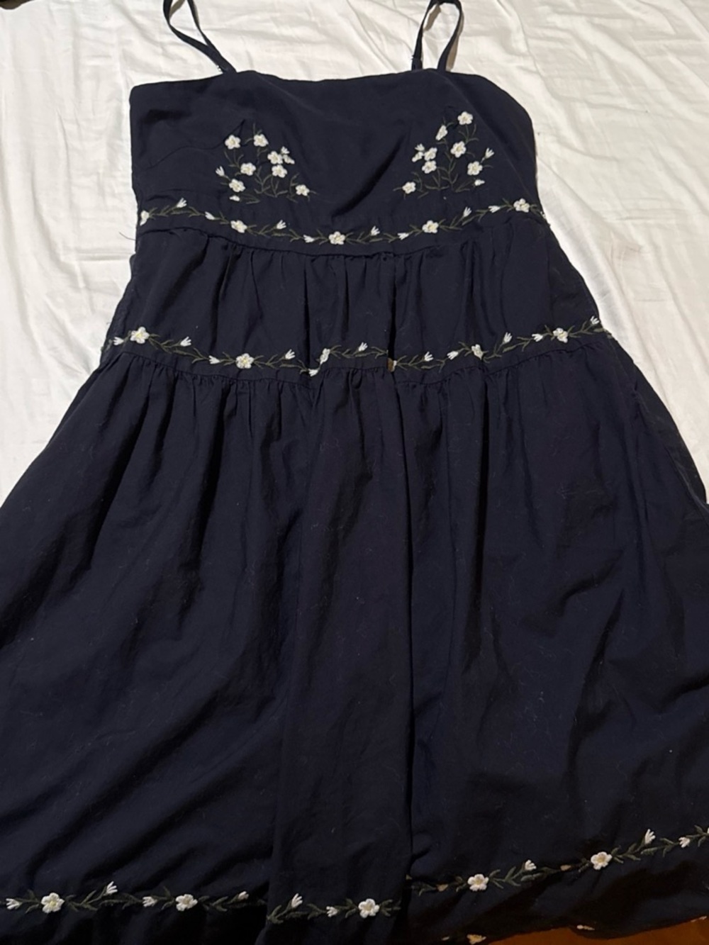 Navy Spaghetti-Strap Mini Dress with White Floral Embroidery